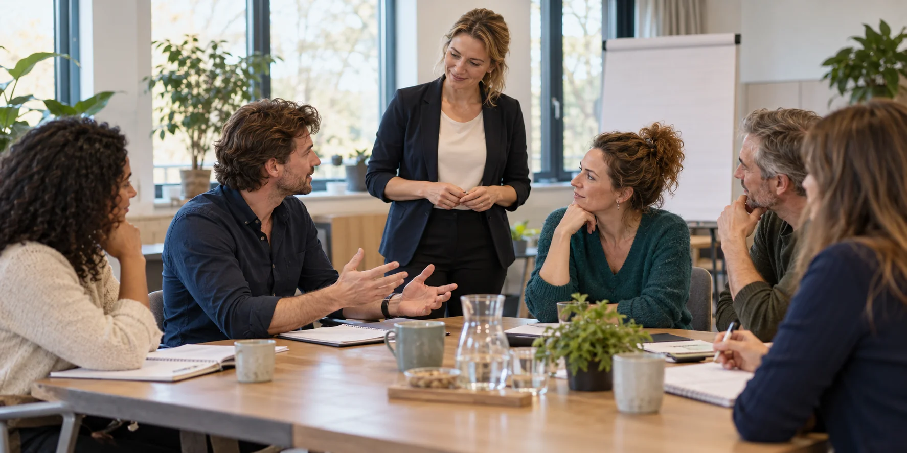 Illustratief beeld van professionals die tijdens een trainingsdag een werksituatie bespreken